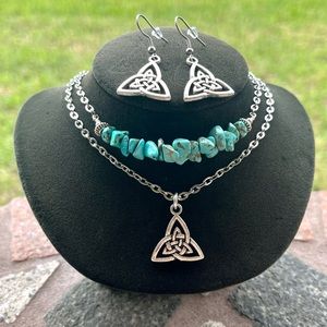 Set ! Turquoise double layer necklace celtic knot triangle + matching earrings